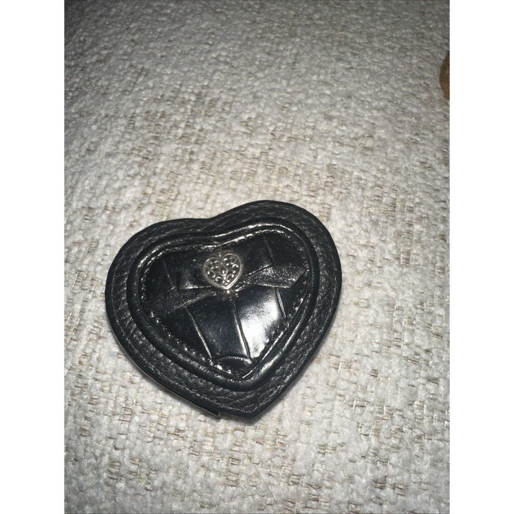 Brighton Black Leather Mirror Compact Heart Shaped‎ With Silver Heart EUC
